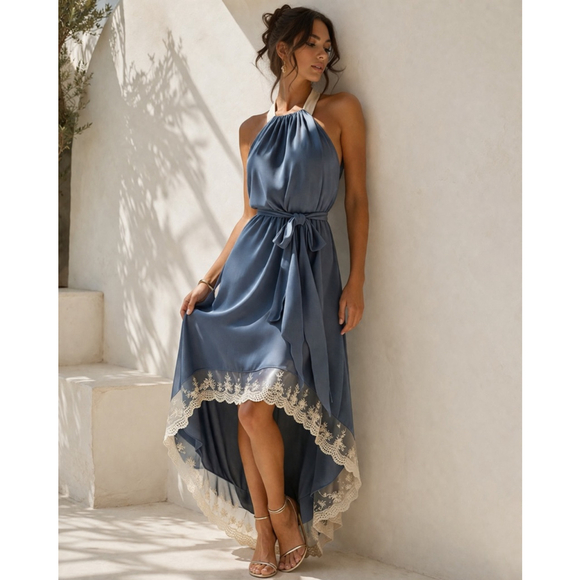 ark & co. Dresses & Skirts - Ark & Co. Smoky Blue High Low Lace Trim Halter Dress Tie Waist Romantic